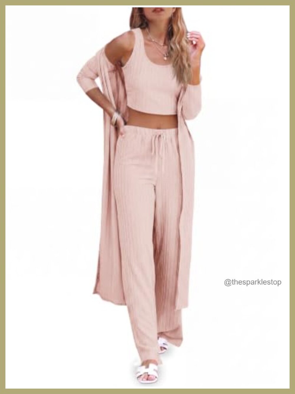 3 Piece Lounge Pajama Set Scoop Neck Crop Tank Wide Leg Pants Cardigan Women